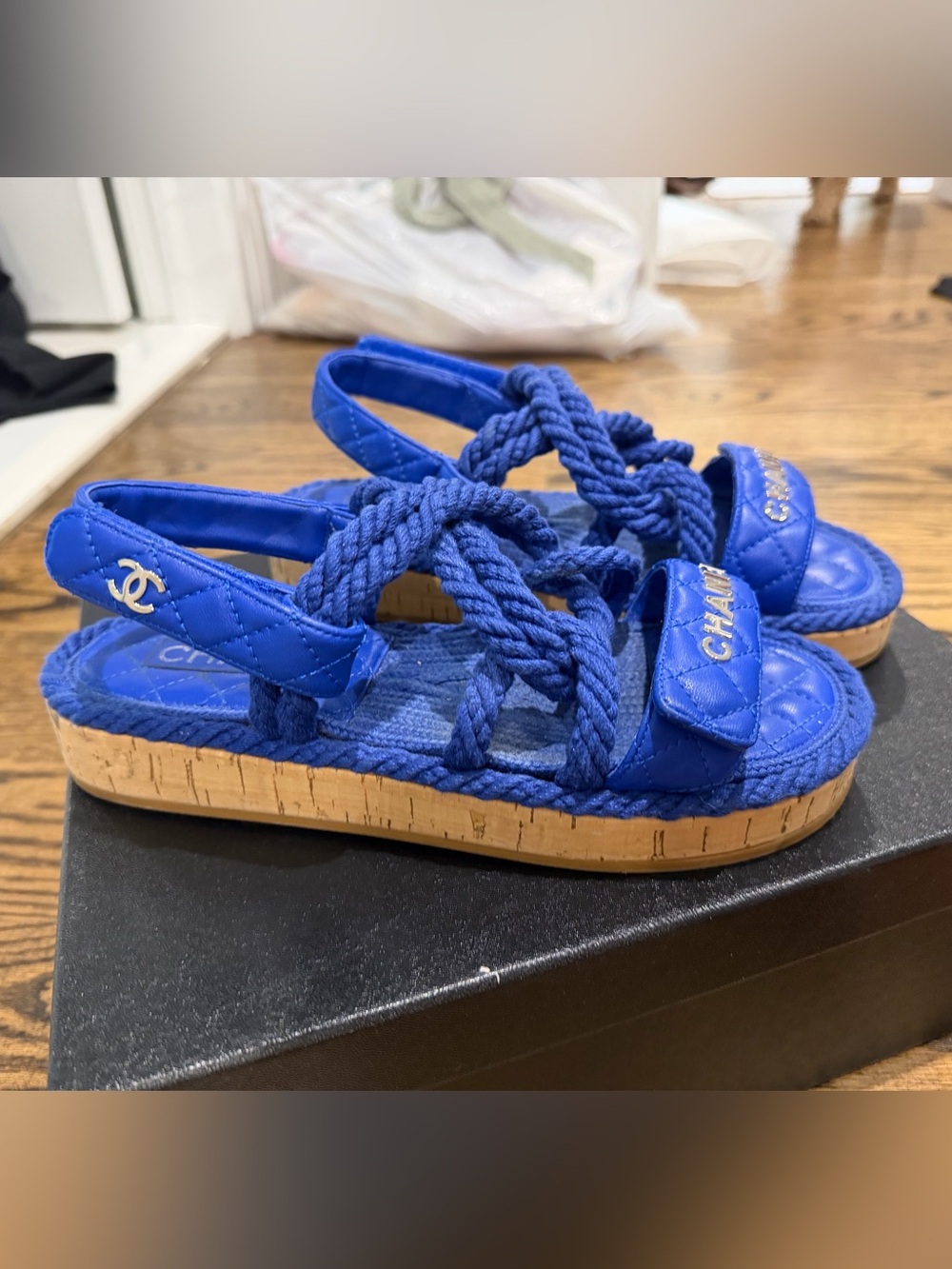 CHANEL Royal Blue Rope Knot Sandals with Cork Sole